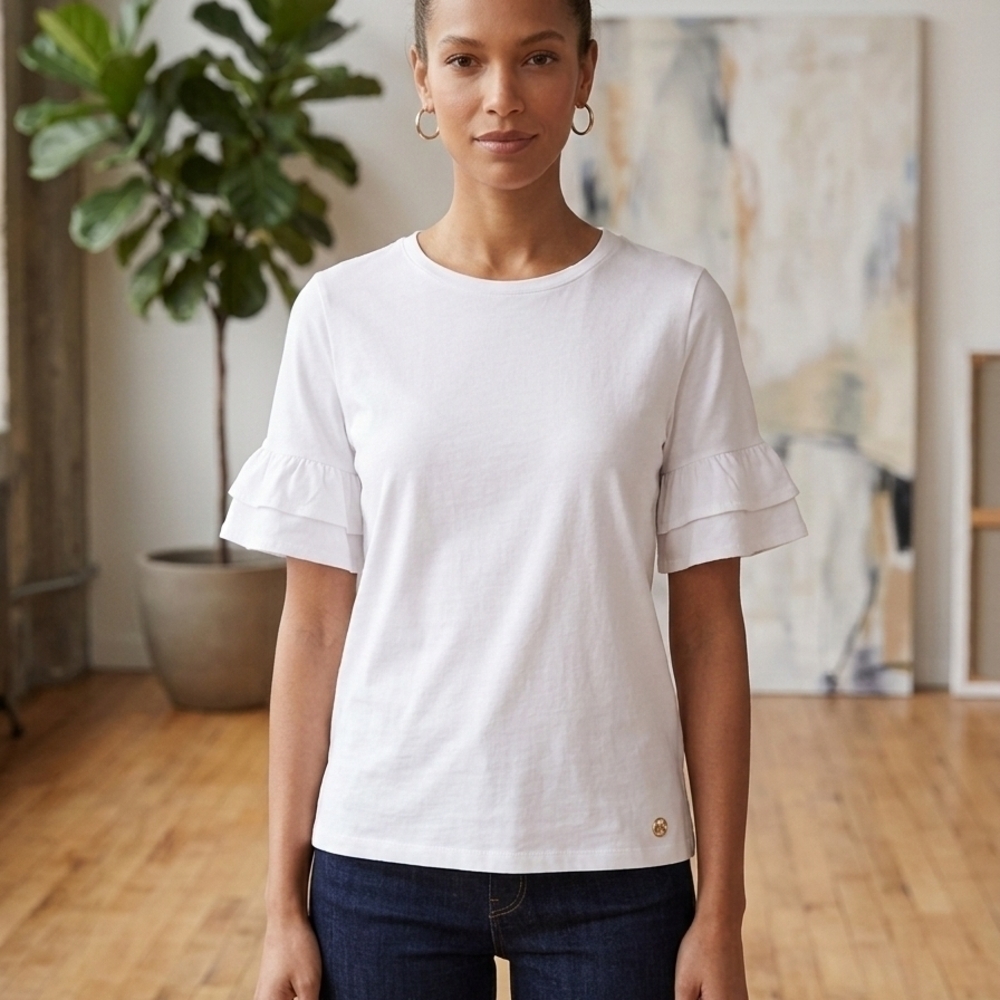 Michael Kors MK White Ruffle Sleeve Top Women's Medium Cotton/Modal Designer Tee